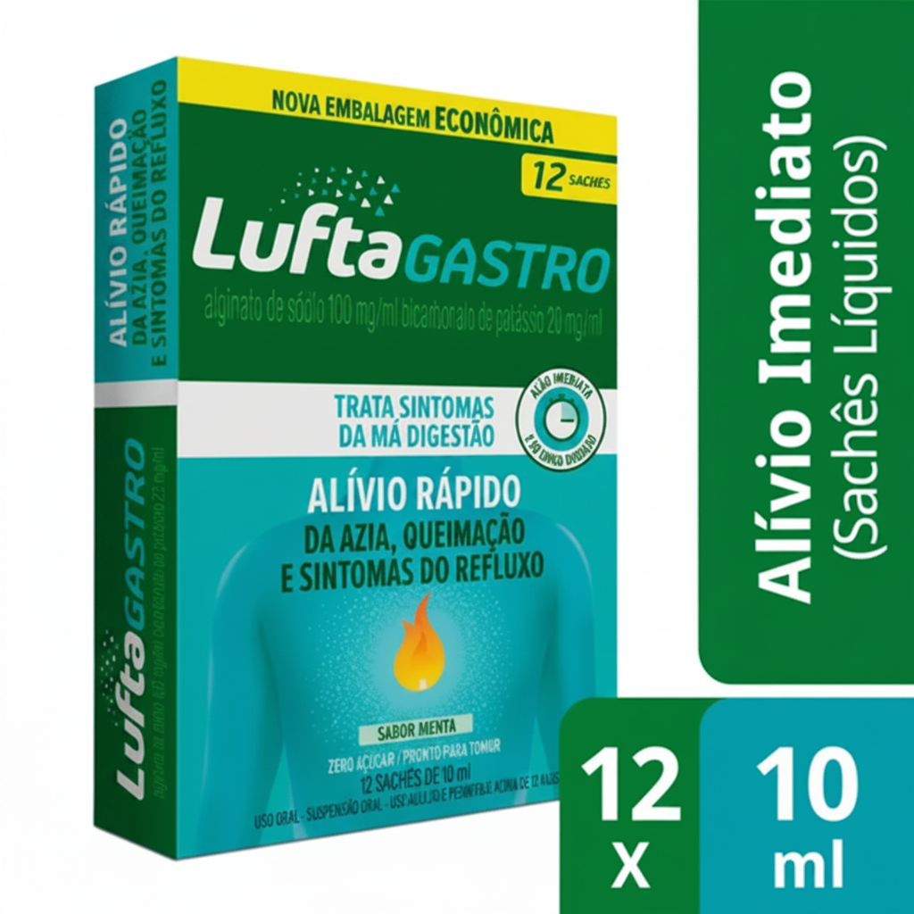 LUFTAGASTRO SACHE LIQUIDO ALGINATO DE SODIO 100MG/ML+BICARBONATO DE POTASSIO 20MG/ML SABOR MENTA SUSPENSAO ORAL 12 SACHE